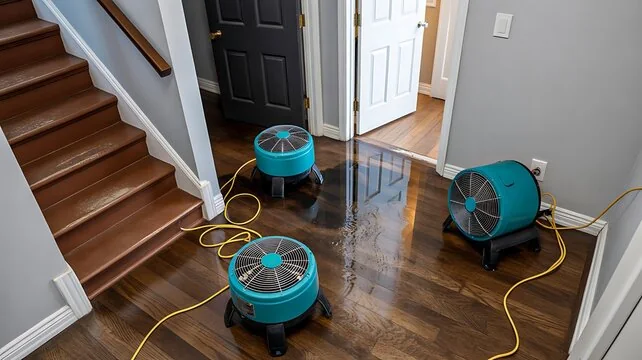 Three air movers drying a wet hardwood floor at the foot of a staircase