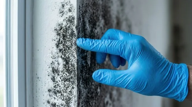 Gloved hand pointing to black mold growing on a damp wall