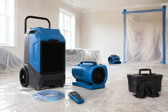 Commercial dehumidifier, air mover and moisture meter set up inside a plastic-sheeted room