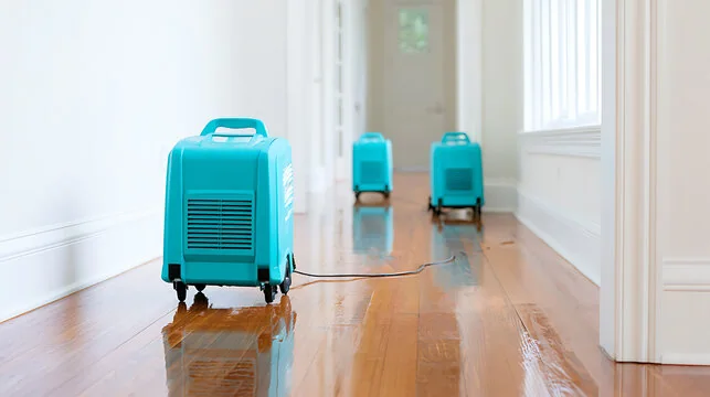 Three dehumidifiers drying a wet hardwood hallway in a Los Angeles home