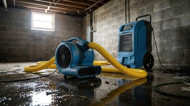 Air mover and dehumidifier drying a flooded concrete basement