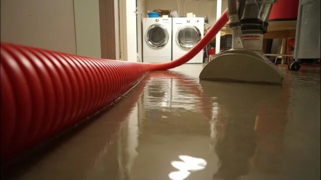 Red extraction hose pulling standing water off a flooded laundry room floor