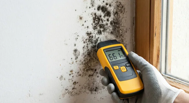 Moisture meter reading over 66 percent beside mold growth near a window frame