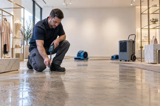 Technician kneeling with a moisture meter on a polished concrete floor