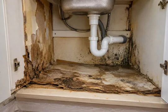 Kitchen sink cabinet with a swollen, rotted floor and mold from a slow drain leak