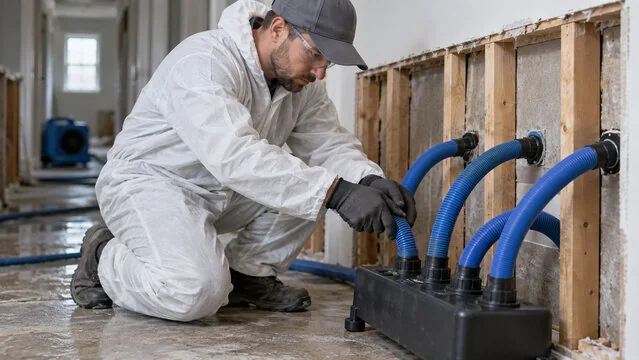 Technician in a protective suit connecting hoses of a wall cavity drying system to opened drywall