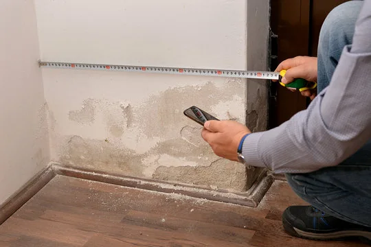 Technician measuring a water stain on a wall with a tape measure and moisture meter